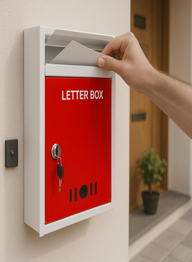 HOMIFLY صندوق بريد/صندوق اقتراحات/صندوق شكاوى/صندوق رسائل بحجم A4 للتثبيت على الحائط من HOMIFLY للمكتب/صندوق بريد لبوابة المنزل مع نافذة شفافة وقفل مفتاح آمن - (أحمر وعاجي) - Image 1